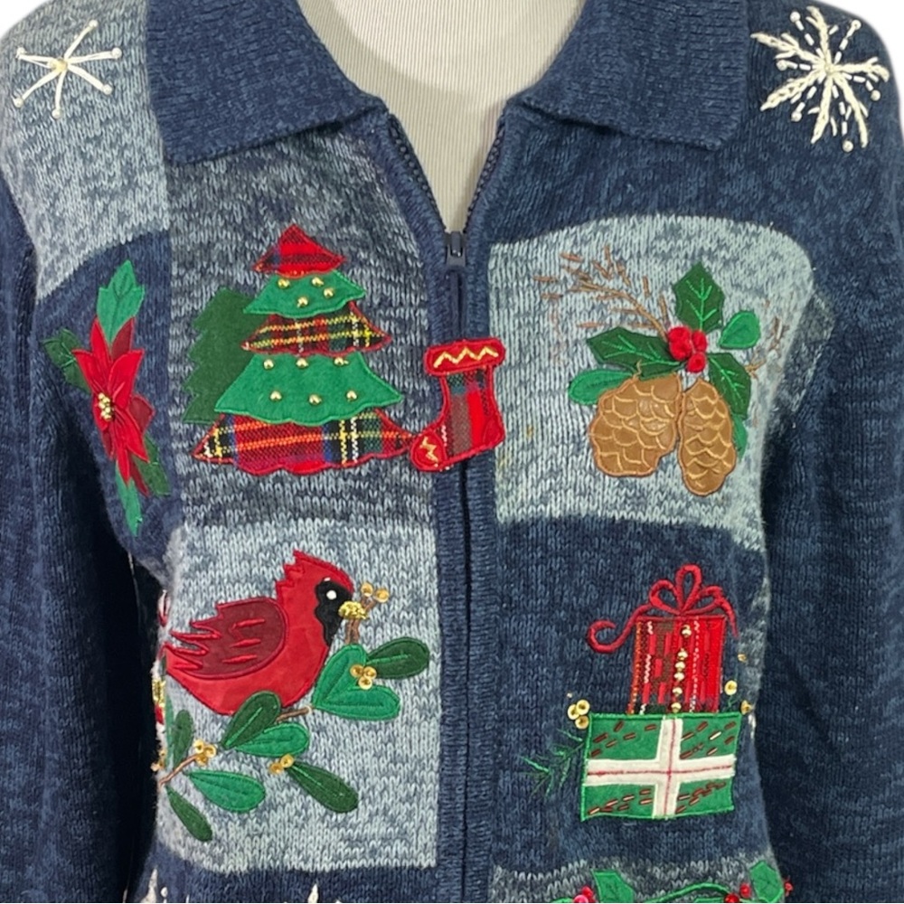 Vtg Christmas Cardigan Sweater M Blue Knit Zip Up Holiday Elbow Patch Cardinal - Picture 2 of 8